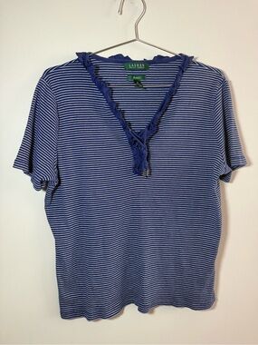 Lauren Ralph Lauren Blue and White Striped Ruffle V-Neck Top Size 1X Nautical